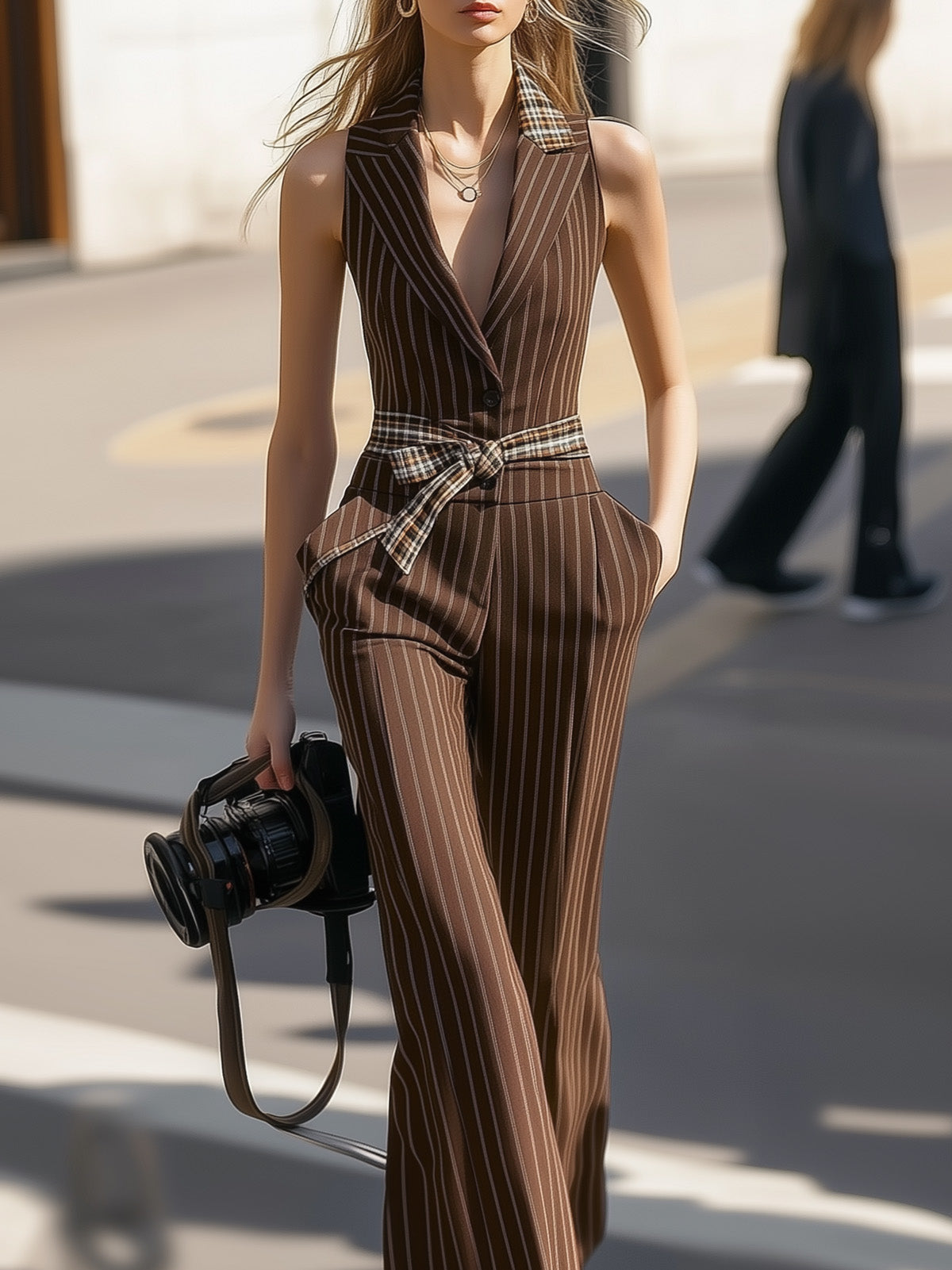 Chestnut Brown Pinstripe Set Plaid Neckline And Belt