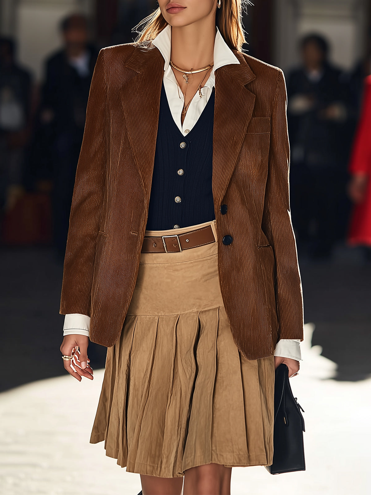 Beige Pleated Skirt With Brown Corduroy Blazer(Without Belt)