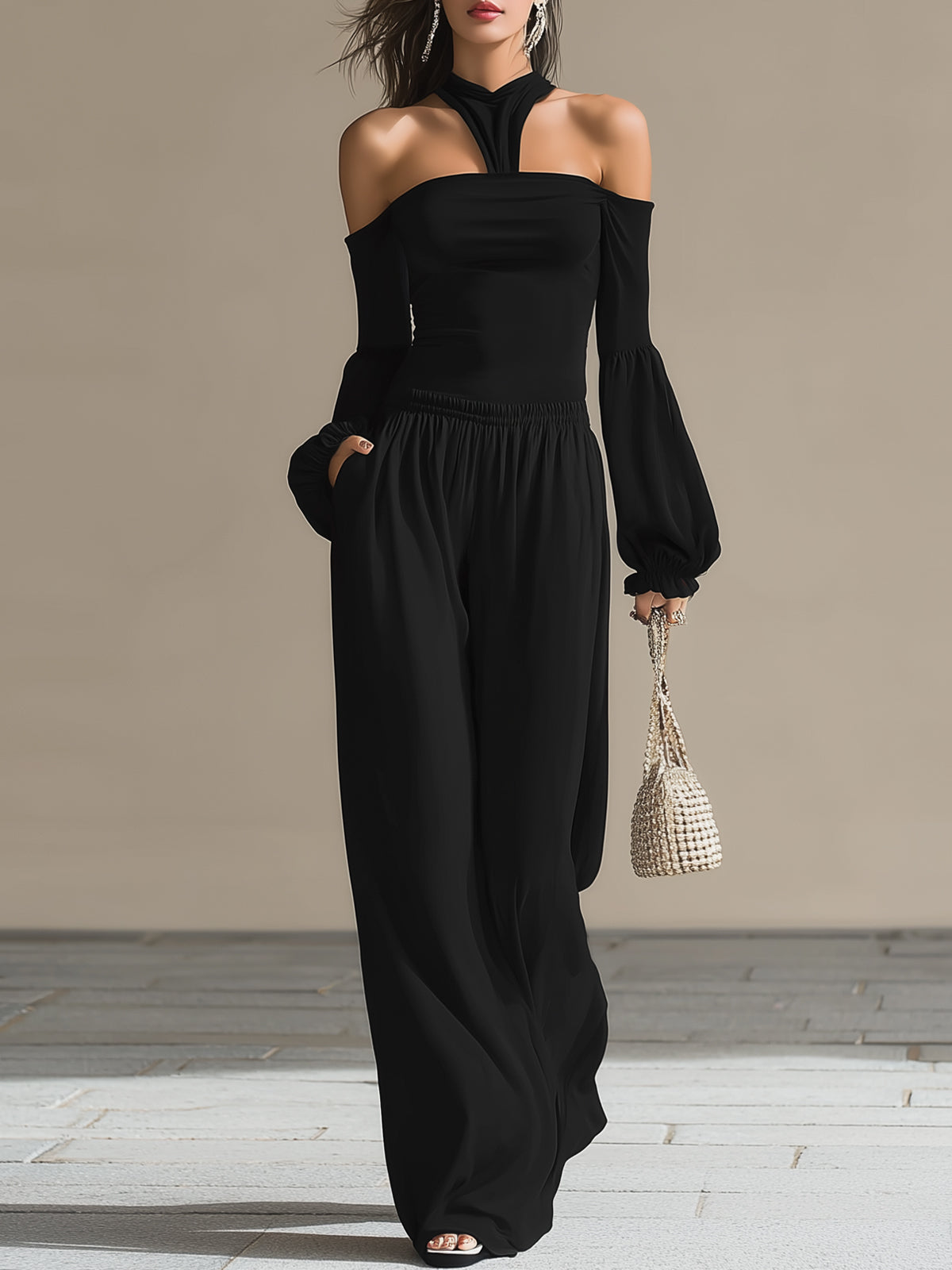 Halter Neck Off-shoulder Bell Sleeve Wide-leg Set