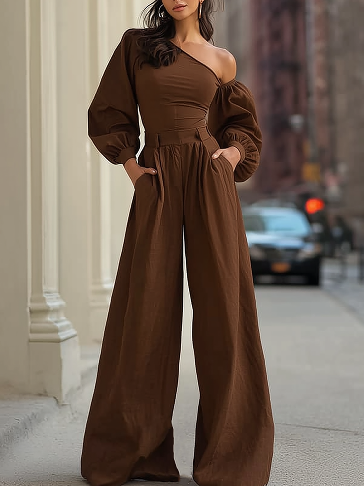 Brown One Shoulder Top And Wide Leg Pants Set With Puff Sleeves