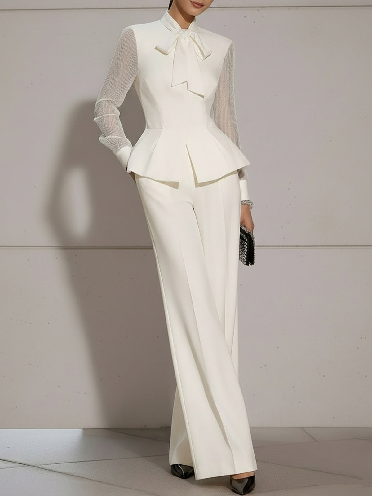 Elegant Cream Blouse With Bow And Wide-Leg Pants Set