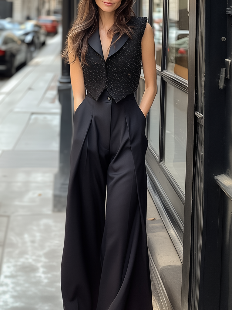 Black Deep V Beaded Vest Set