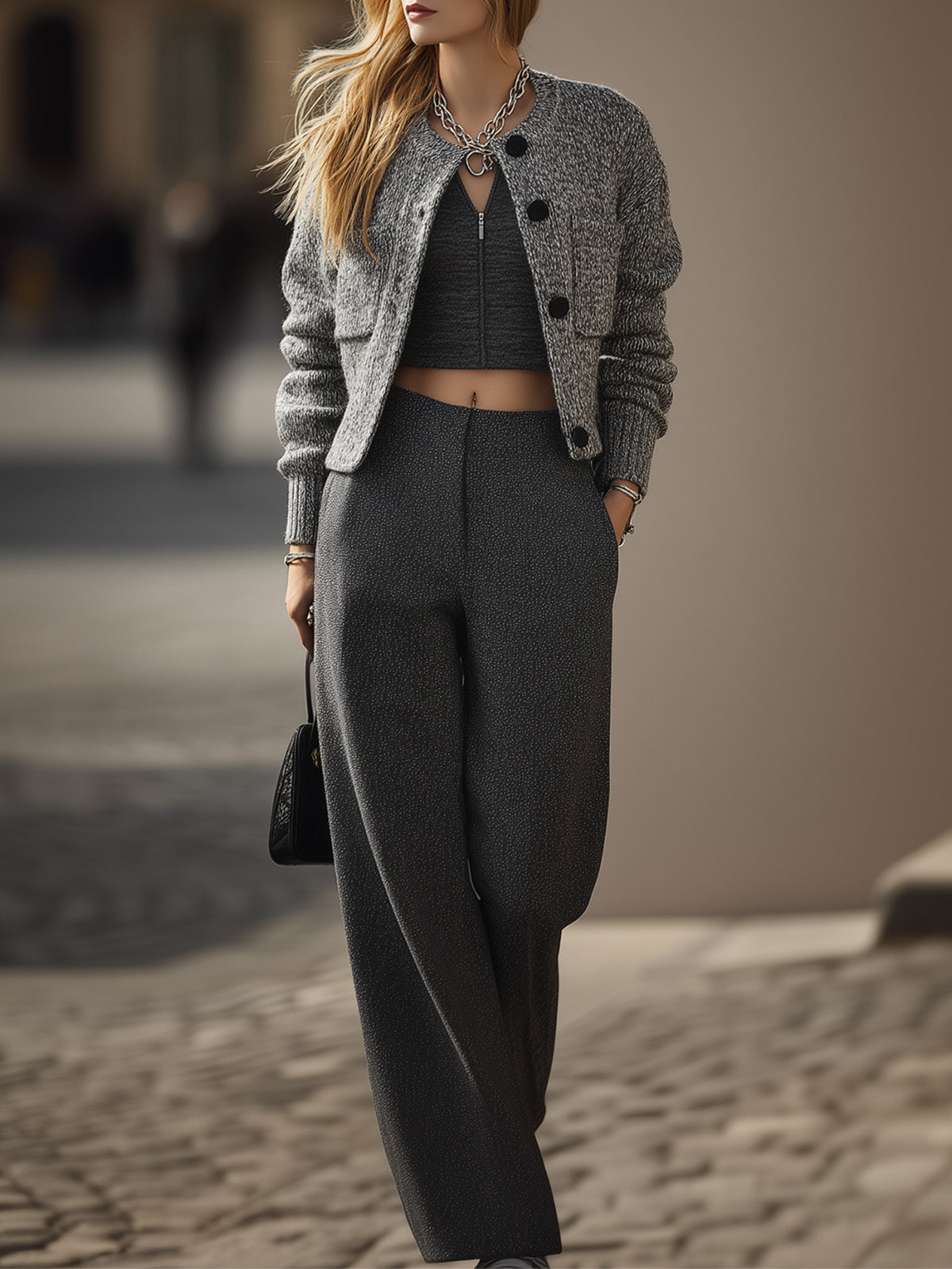 Grey Knit Jacket And Trousers Set