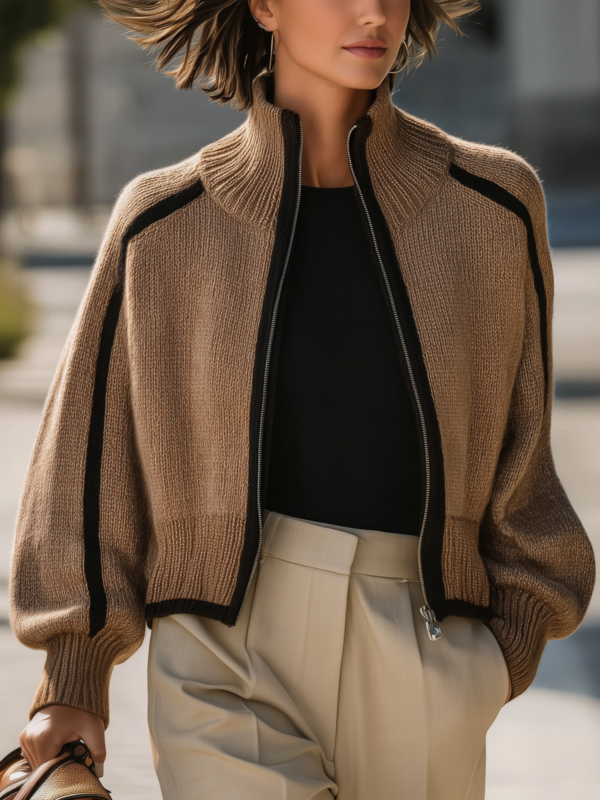 Contrast Color Stand Collar Knitted Short Coat