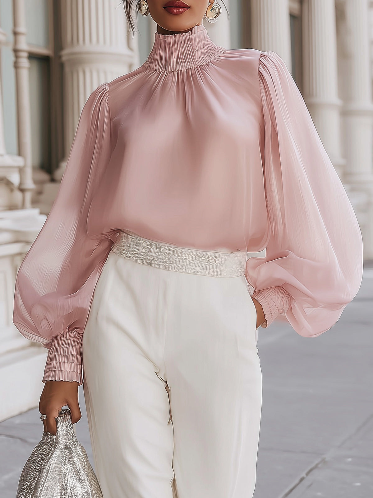 Soft Pink Stand-up Collar Puff Sleeve Shirt