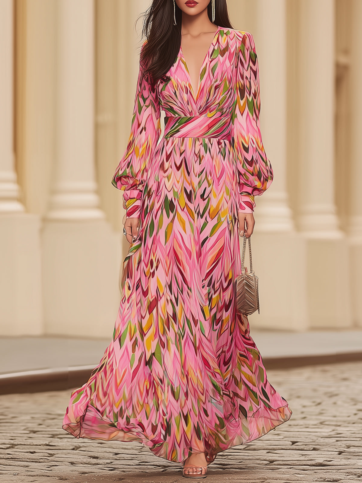 Color-blocked Geometric Print Chiffon Maxi Dress