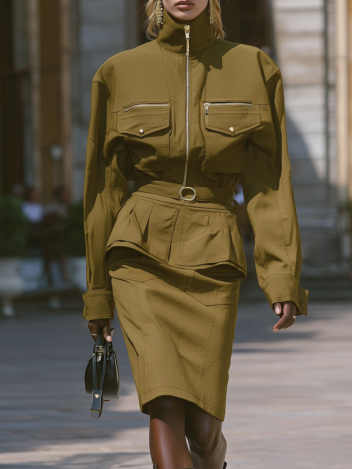 Olive Green Jacket Skirt Set