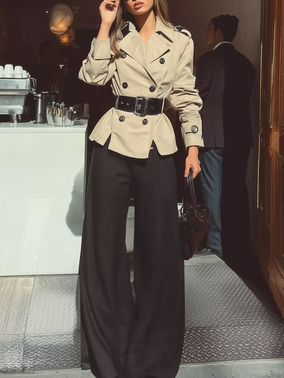 Beige Cropped Trench Coat With Wide - Leg Pants