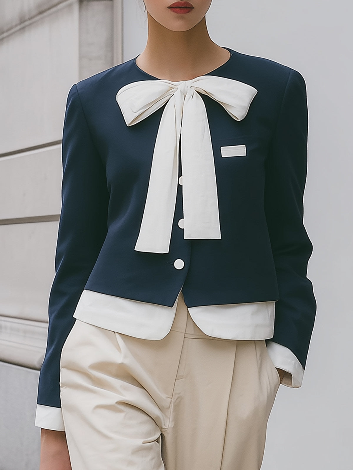 Navy Blue Patchwork Bow Short Jacket