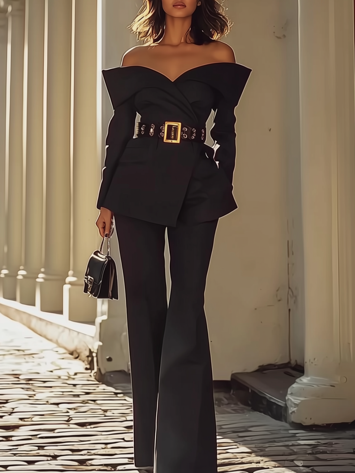 Black Off Shoulder Blazer Set With Belted Waist