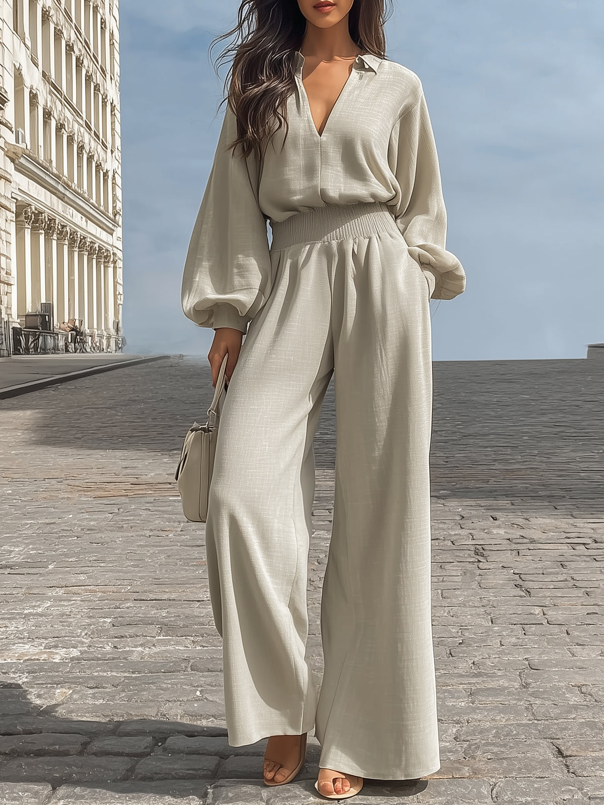 Lantern Sleeve V-neck Top And Wide-leg Pants linen Set