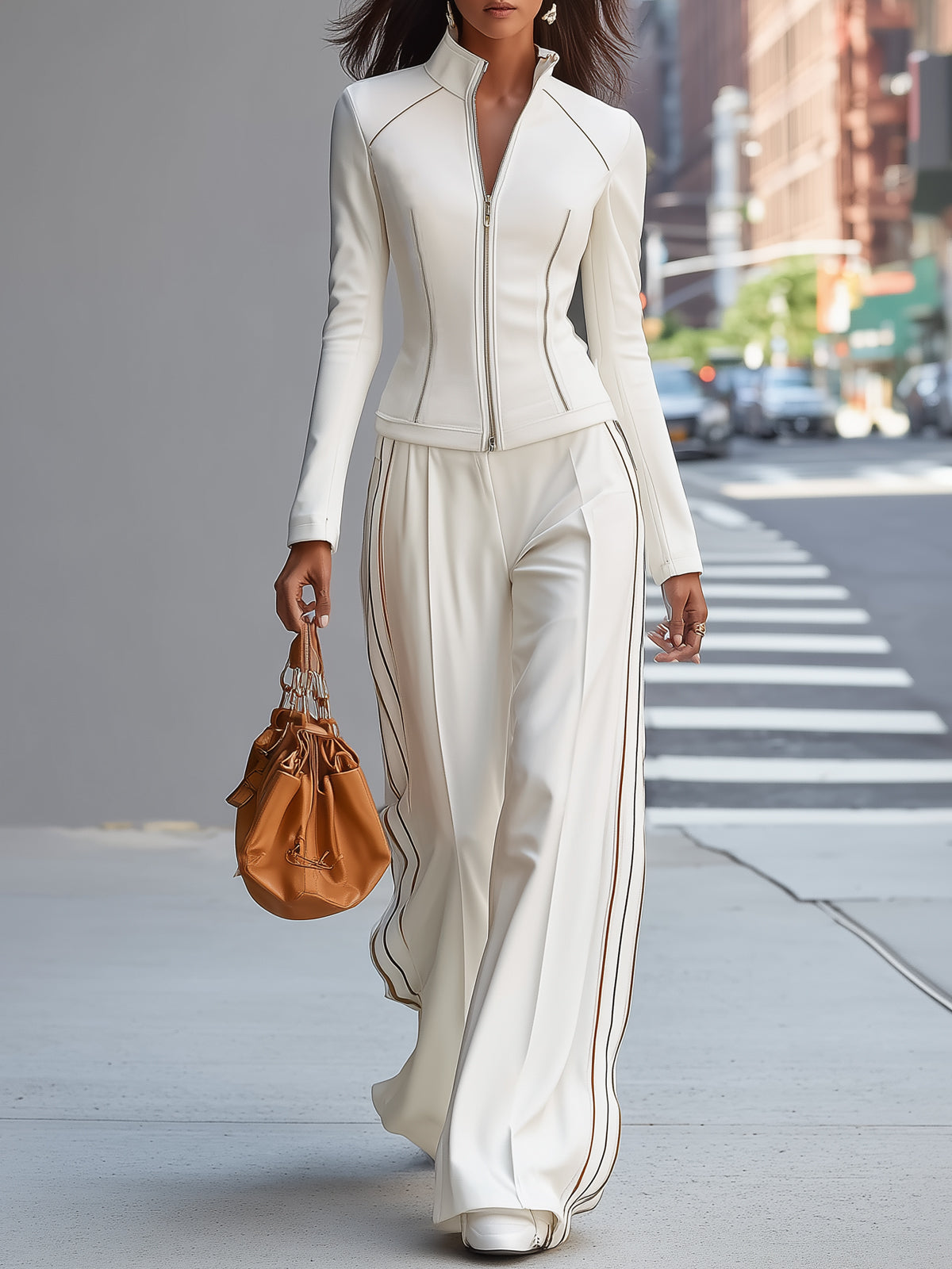 White Stand-up Collar Zip-up Wide-leg Pantsuit