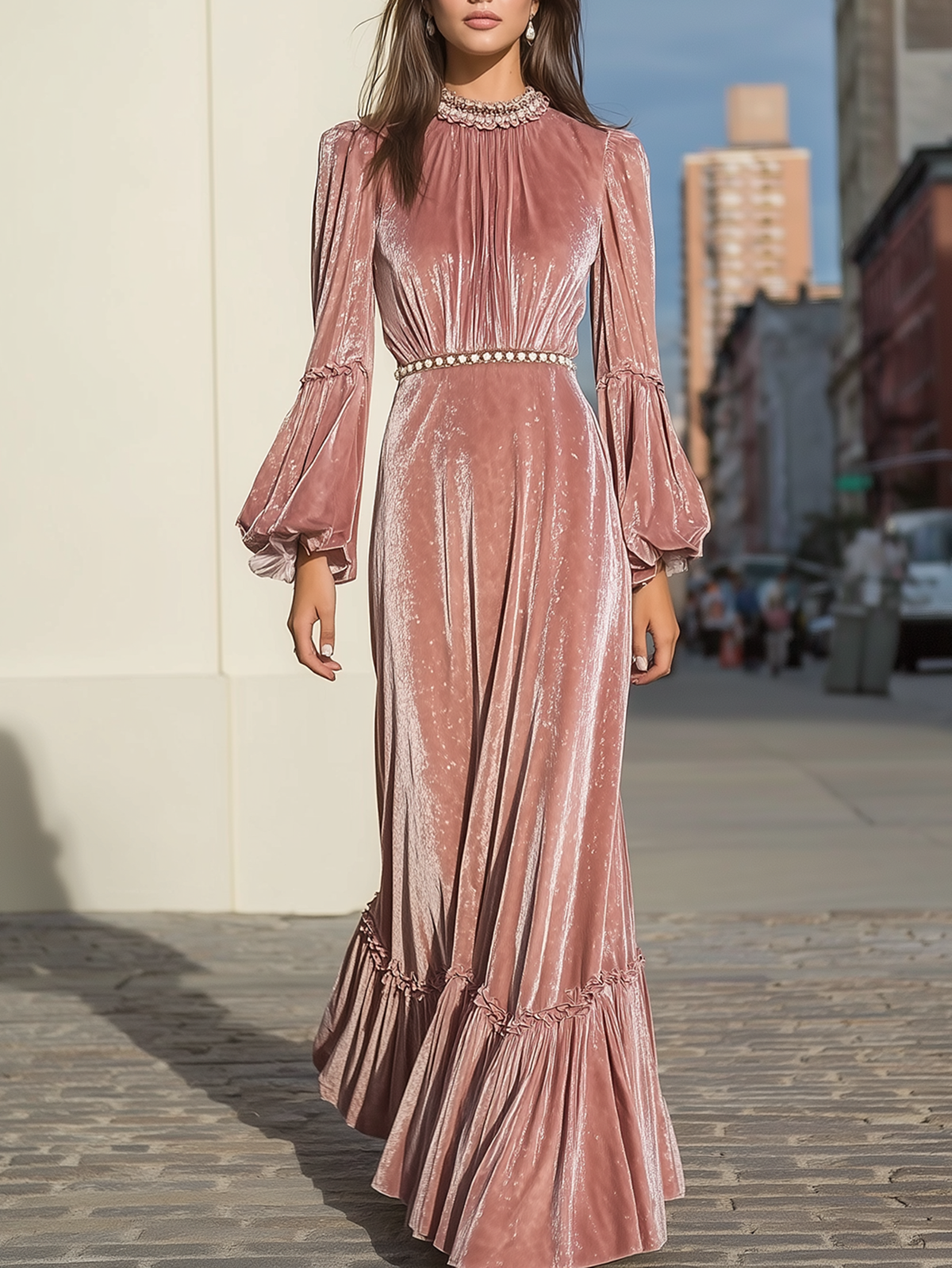 Chic Pink Velvet Dress With Ruffled Hem And Embellished Collar
