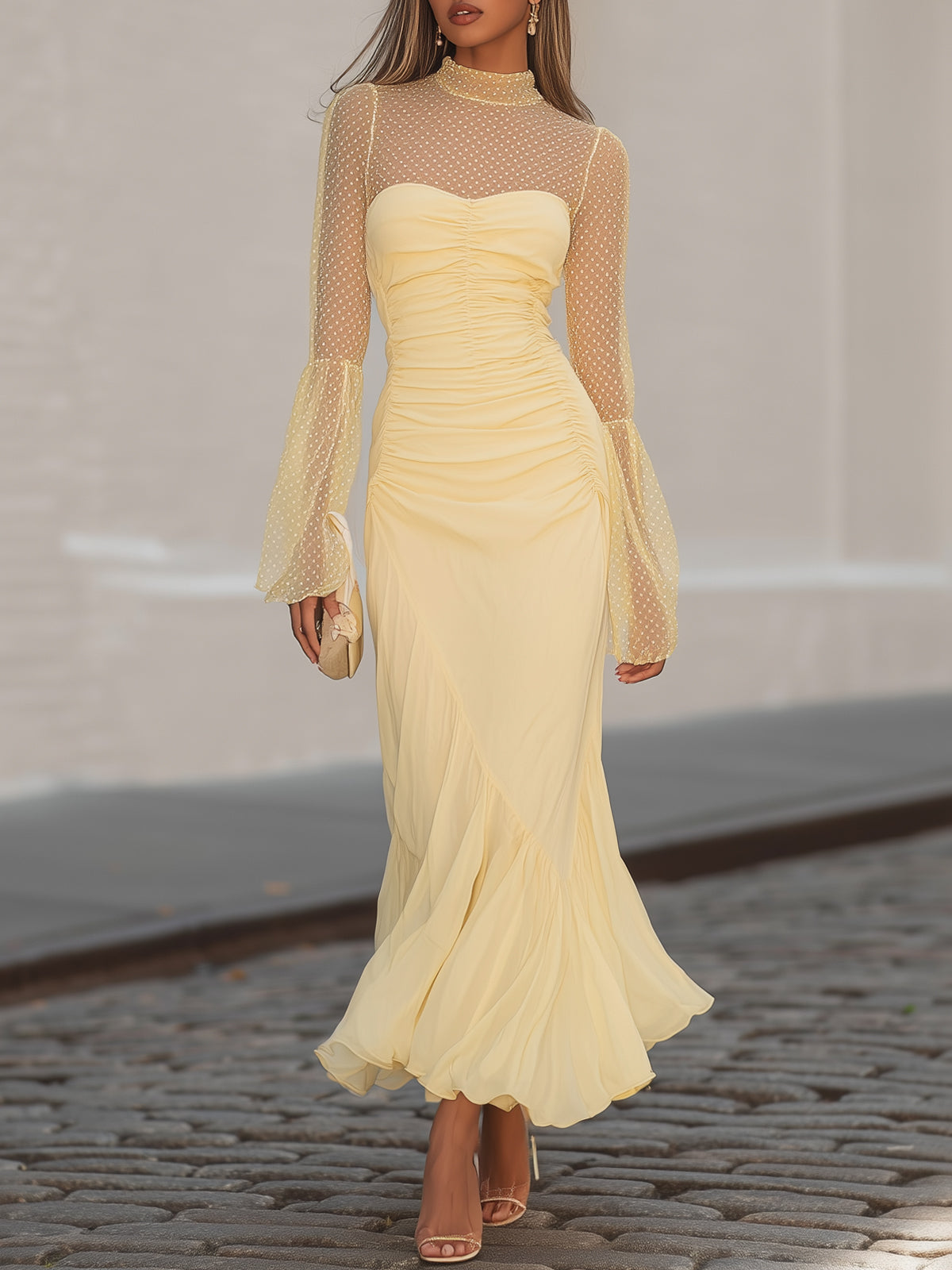 Pale Yellow Polka Dot Mesh Long-sleeved Ruched Fishtail Maxi Dress