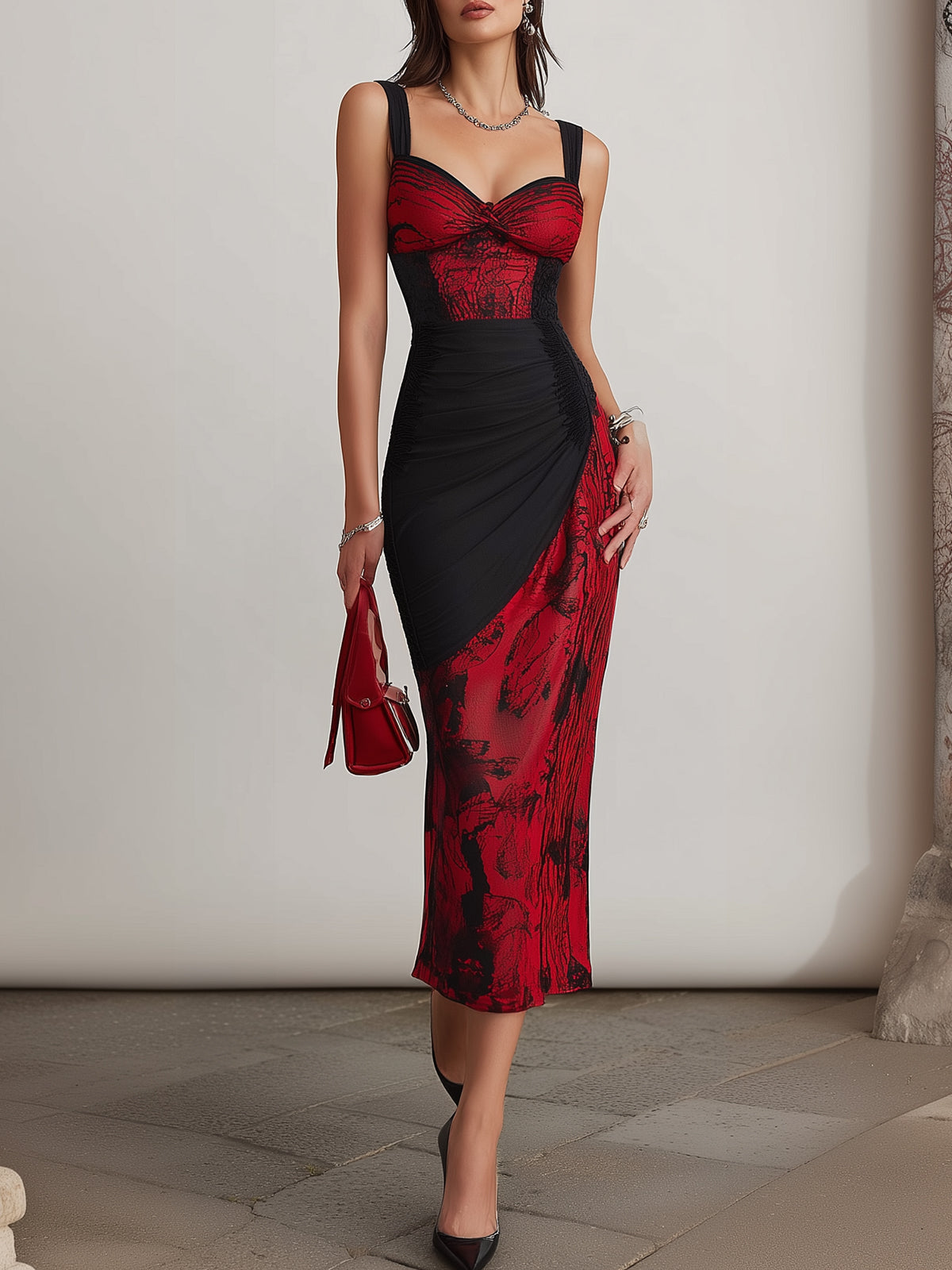 Black Satin Red Print Midi Dress
