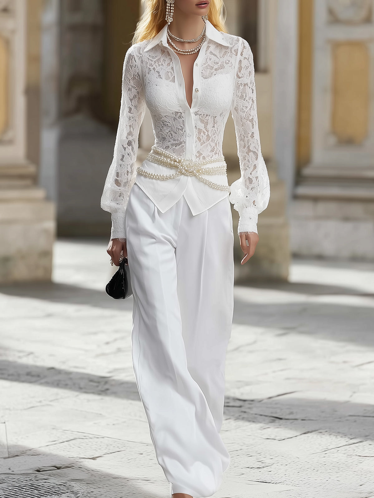 Chic White Lace Shirt And Trousers Set (Without Belt)
