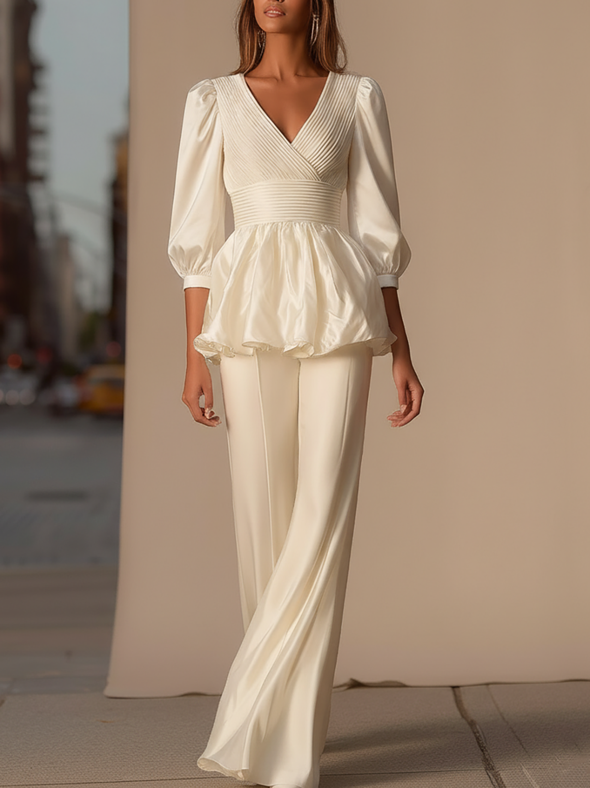 Ivory Peplum Top And Wide Leg Pant Set