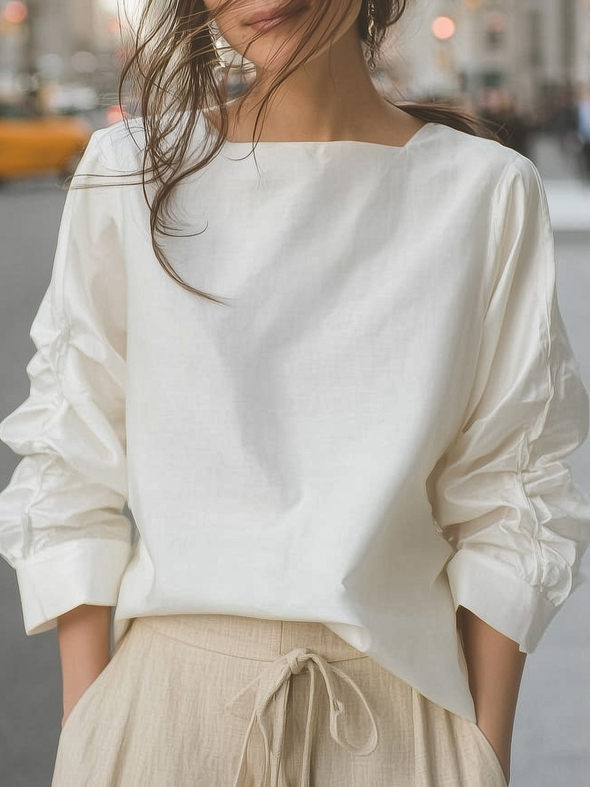 Off-the-shoulder Pleated Sleeve Cotton-linen Shirt