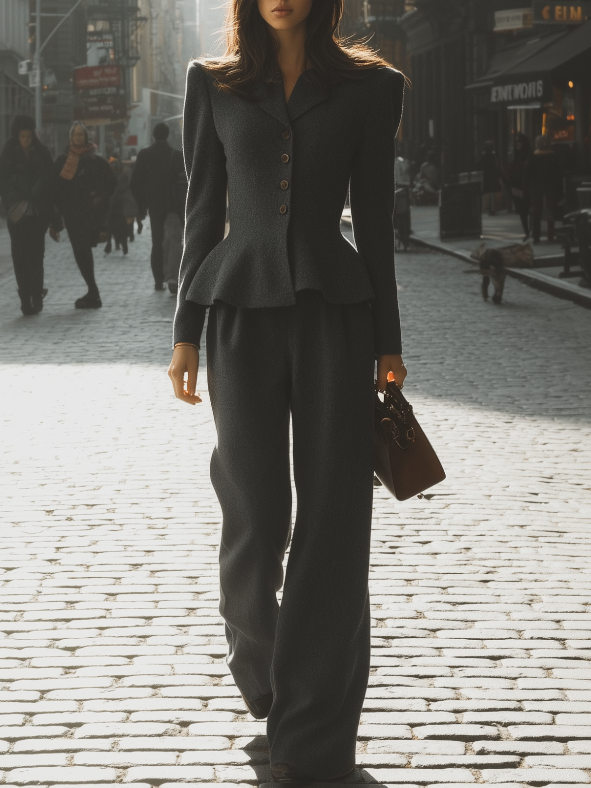 Dark Grey Peplum Blazer And Wide - Leg Pants Set