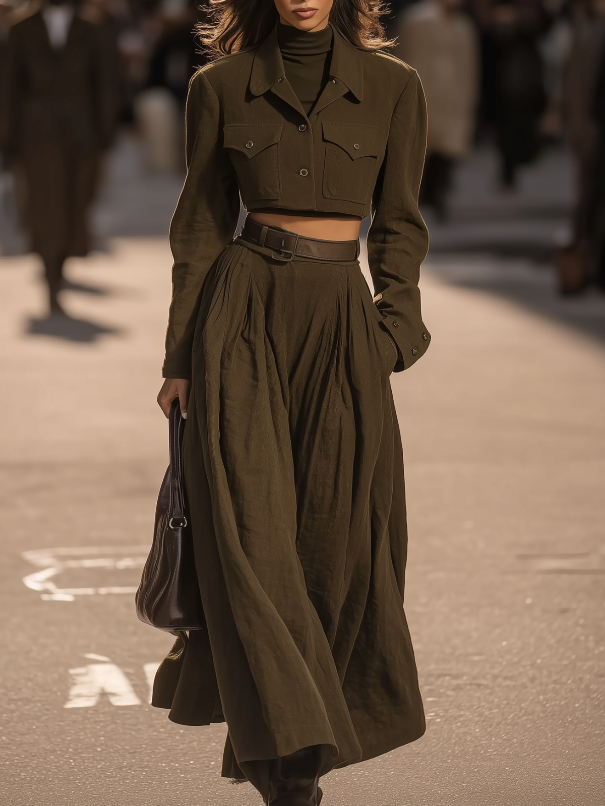 Olive Green Cropped Jacket And Maxi Skirt Set