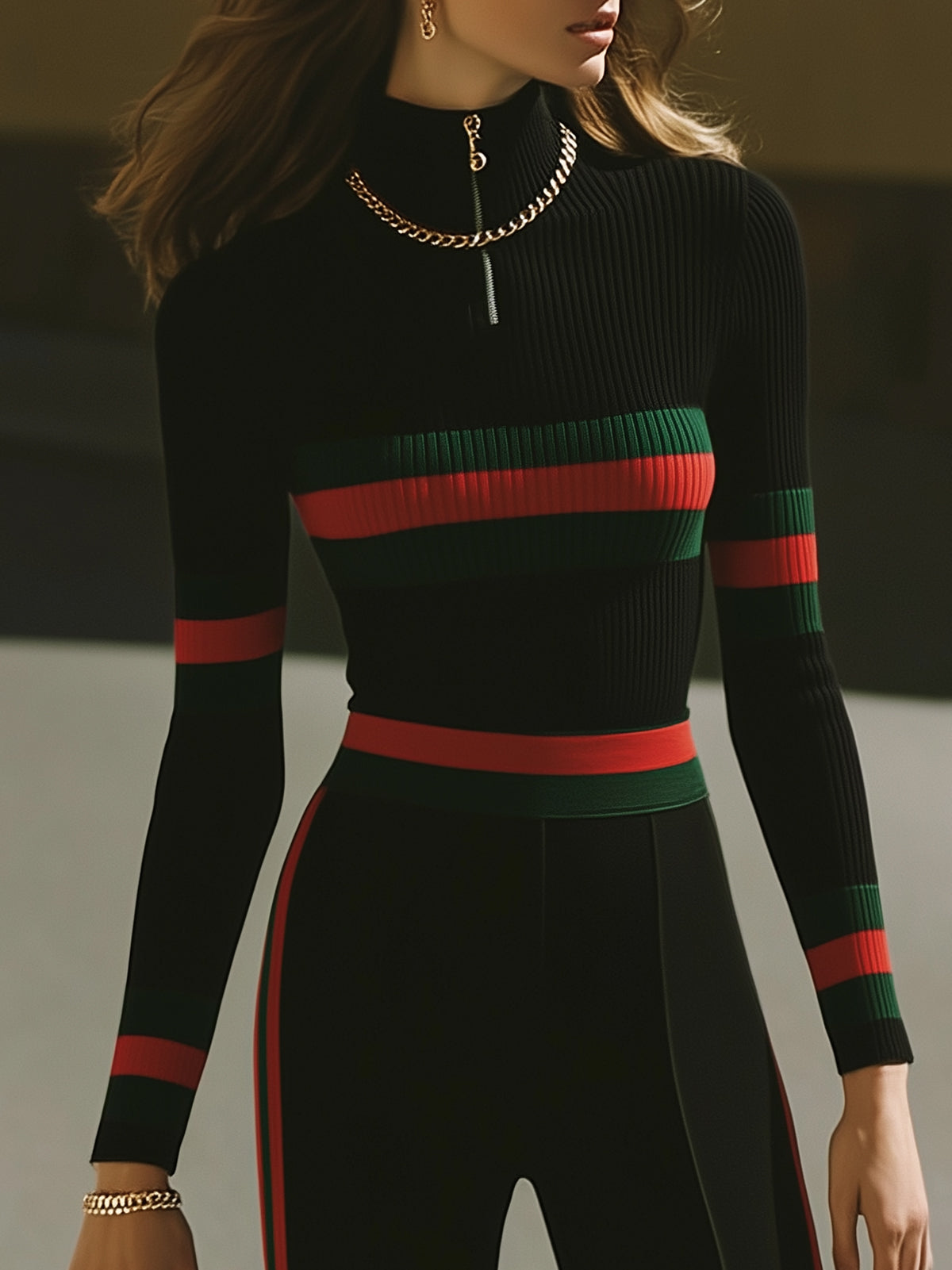 Chic Black Knit Top With Red Green Horizontal Stripes