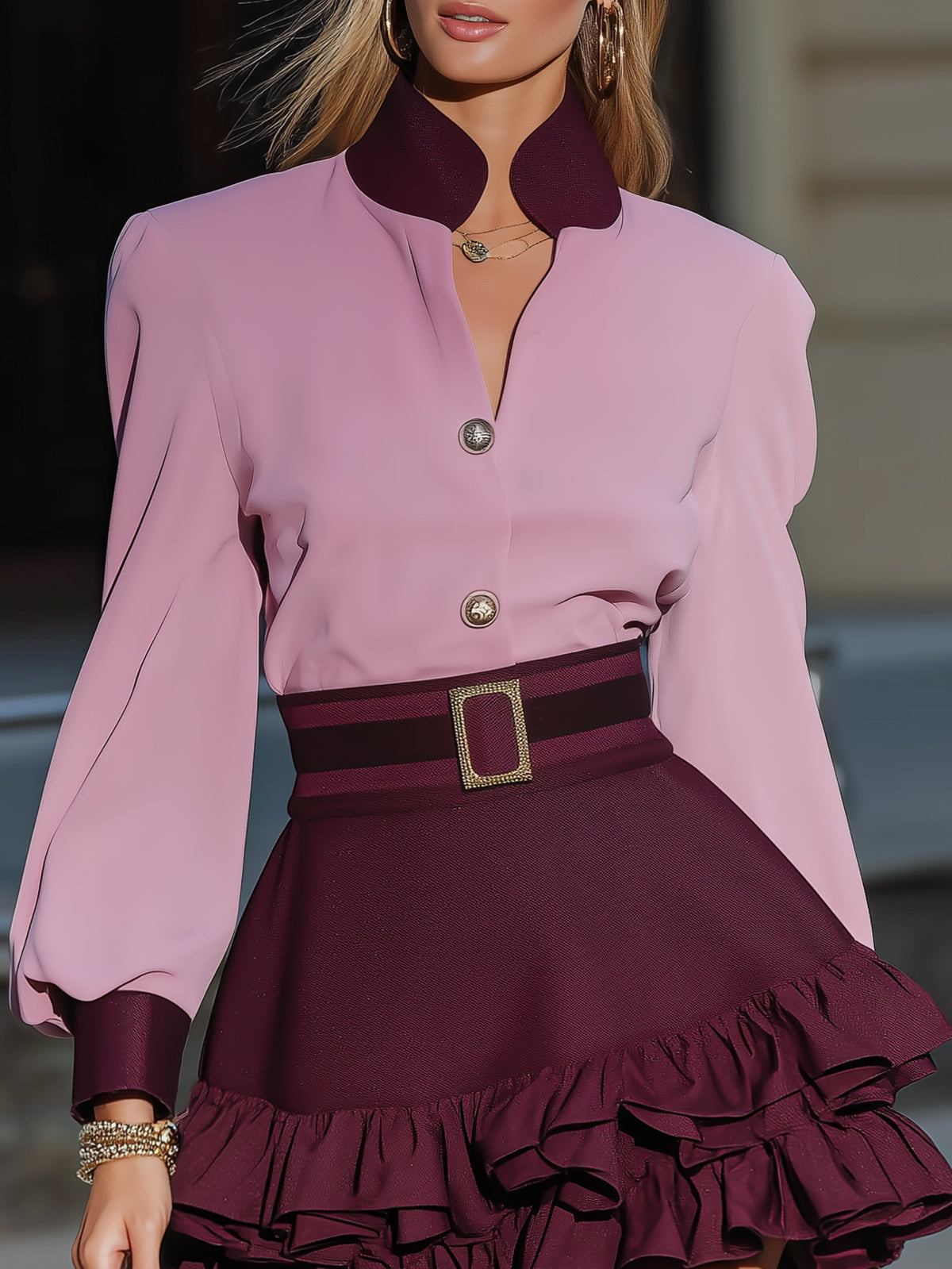 Light Pink Color-Block Chiffon Blouse