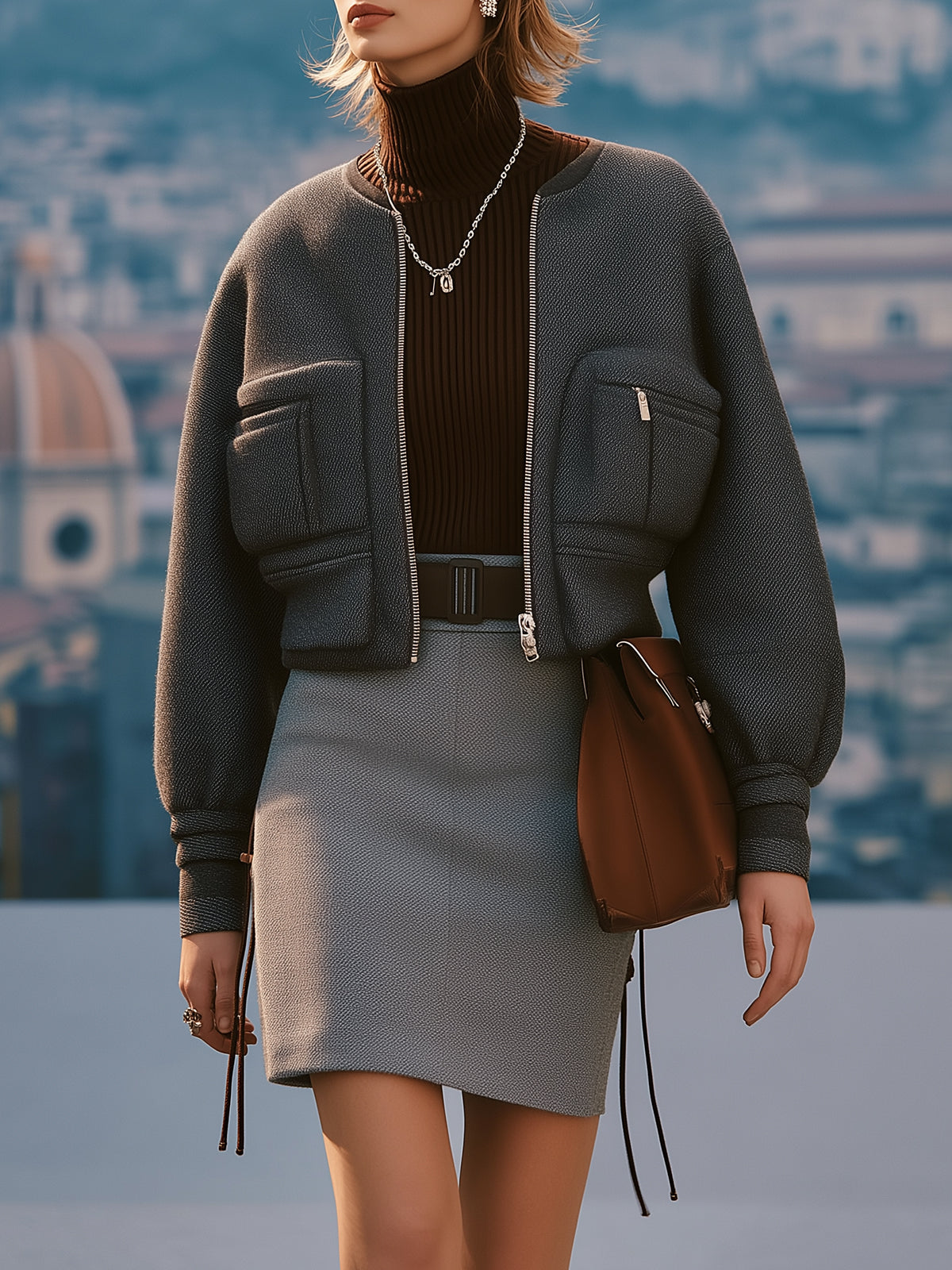 Gray Oversized Jacket And Skirt Set