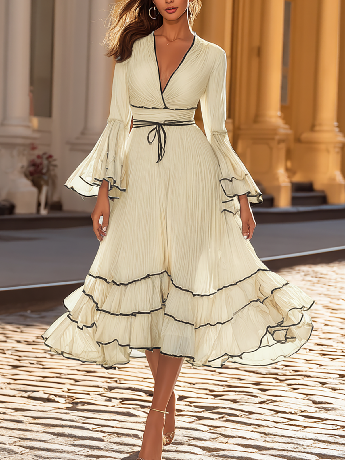 Cream Midi Dress With Black Trim And Ruffled Tiered Skirt