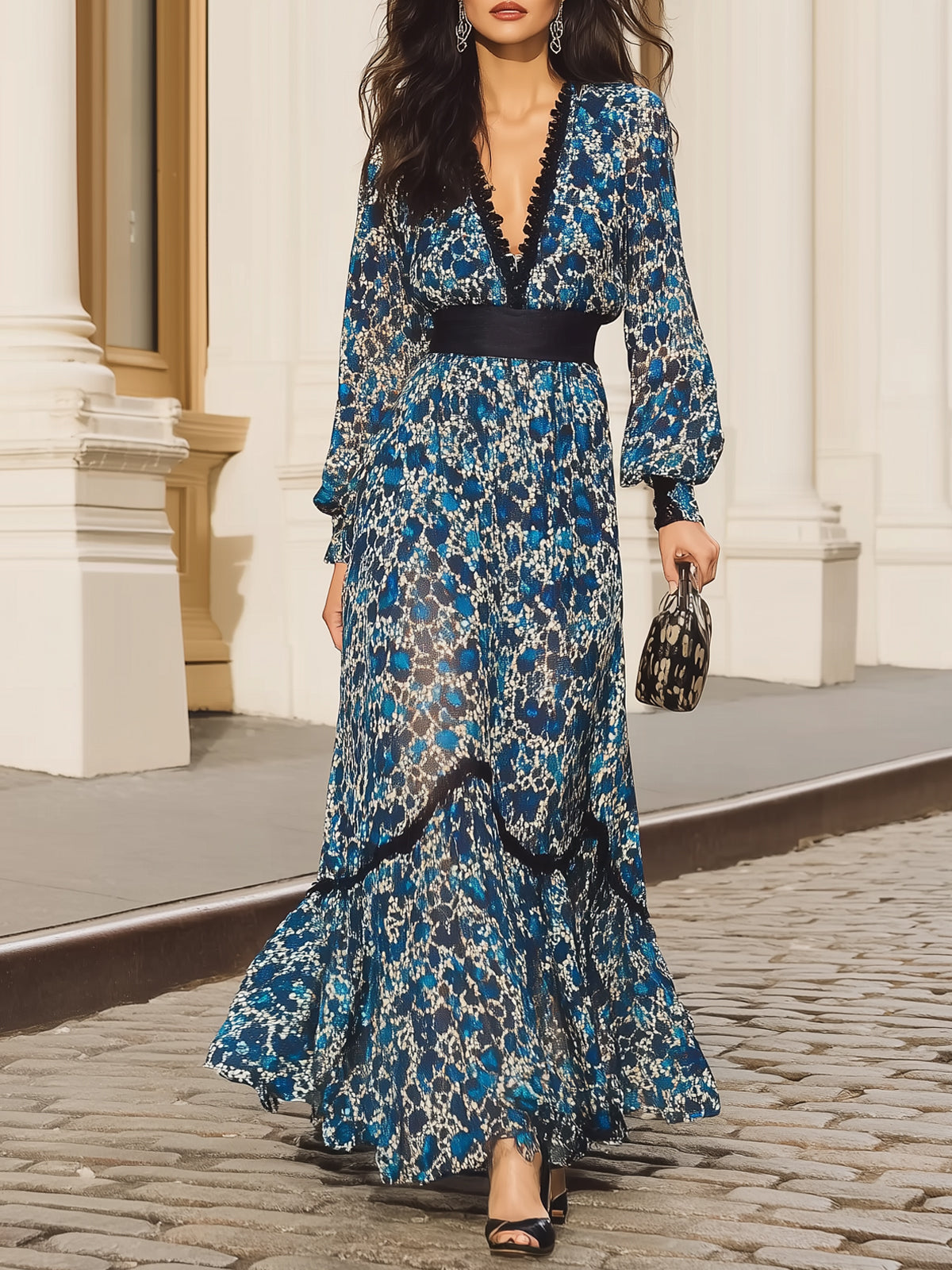 Blue Leopard Print V-neck Lantern Sleeve Long Dress