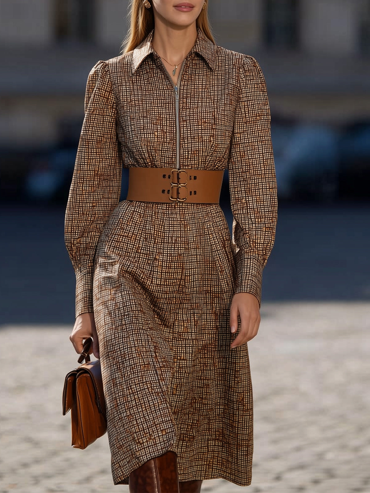 Brown Plaid Midi Dress With Belt