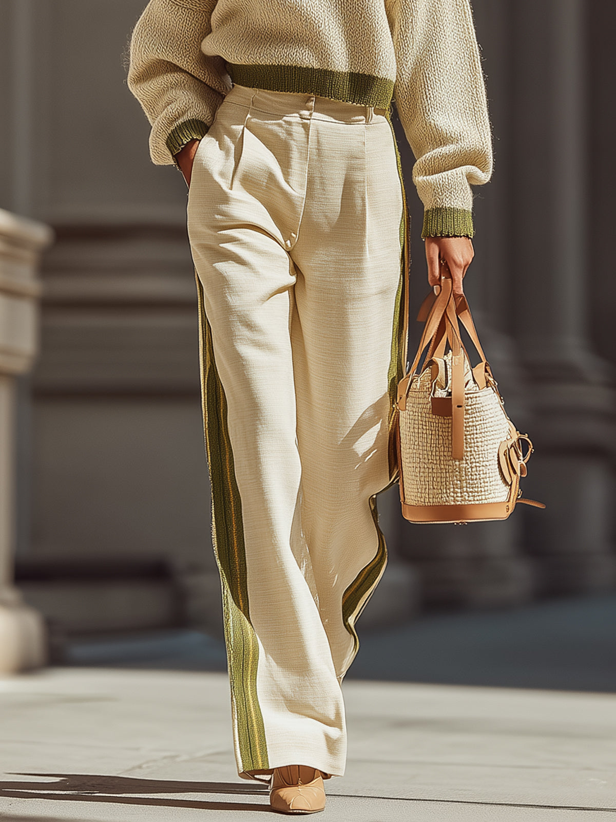 Off-white Color-blocked Wide-leg Pants With Green Trim