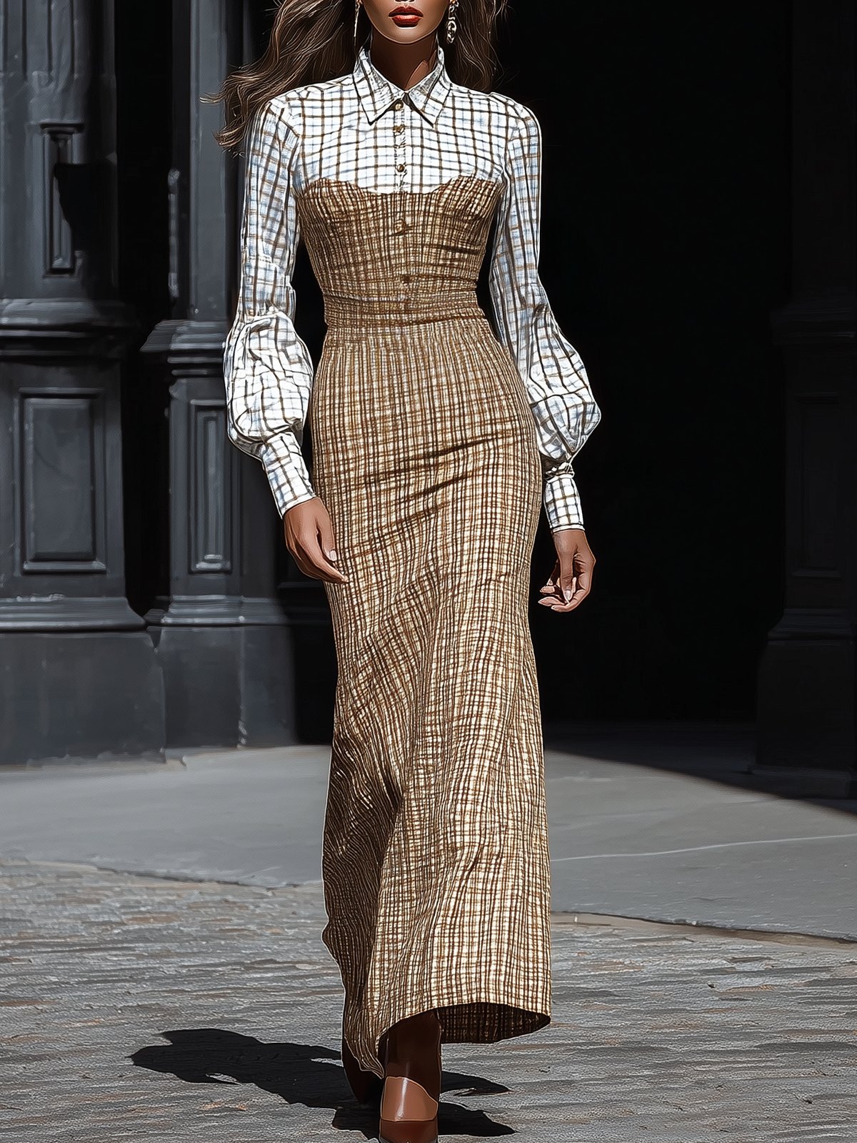 Plaid Shirt And Bustier Maxi Skirt Set