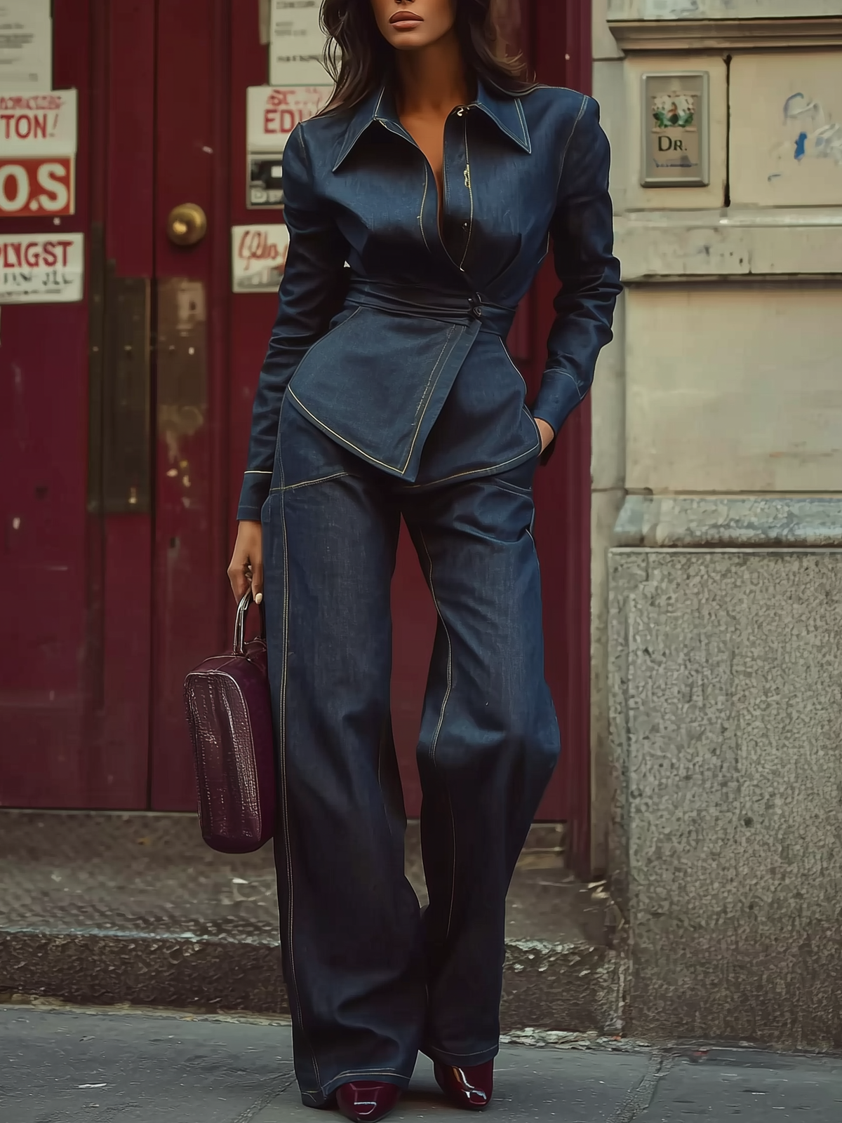 Denim Suit Featuring Tailored Silhouette And Contrast Stitching