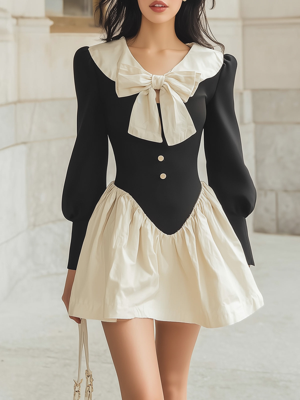 Black And White Contrasting Color Bow-tie Collar Flared Dress