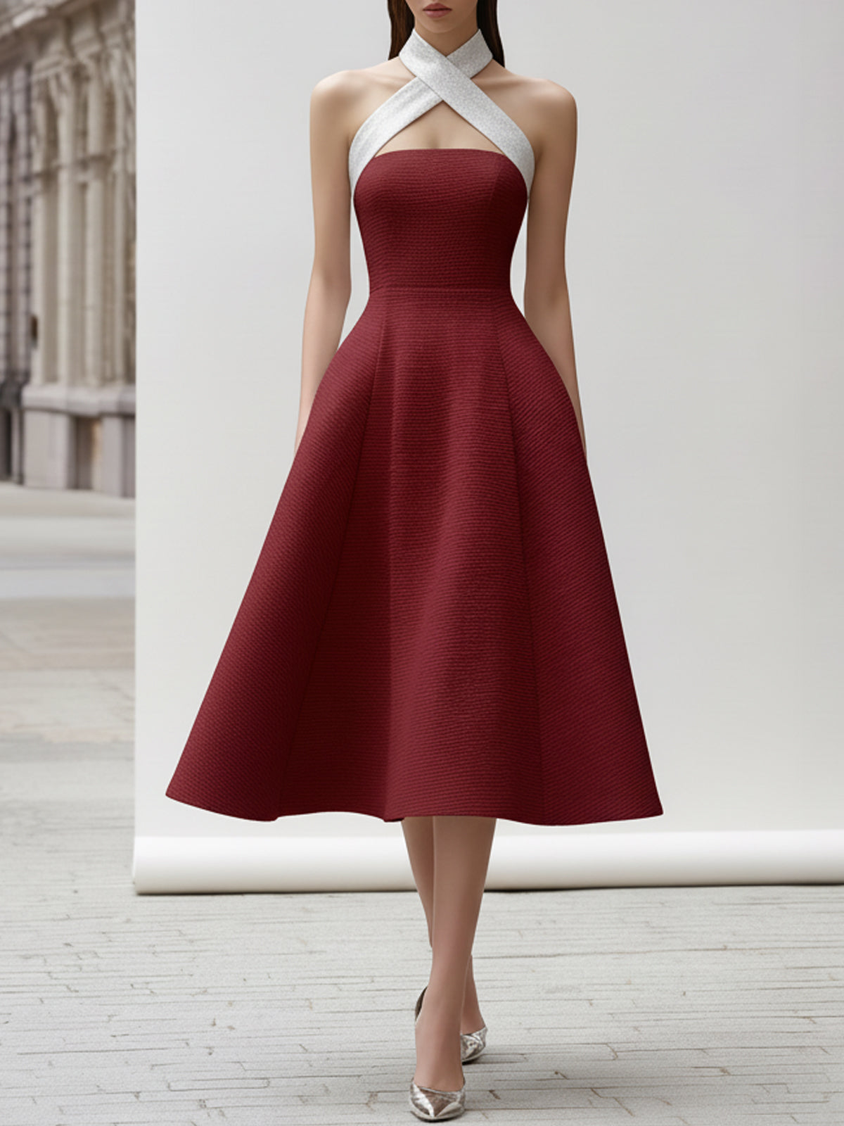 Burgundy Cross-Neck Halter-Sleeve Midi Dress