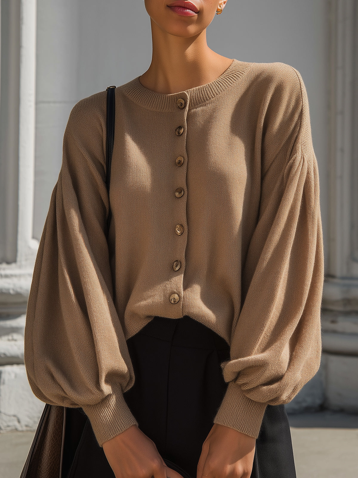 Camel-colored Knitted Cardigan With Puff Sleeves