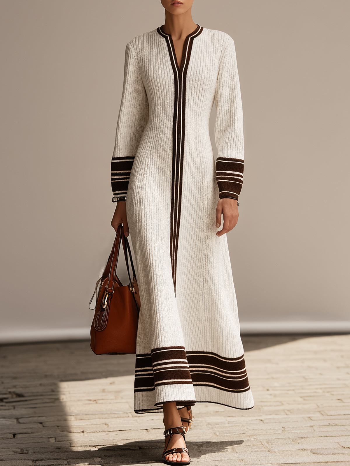 Minimalist Striped Contrast Knitted Maxi Dress
