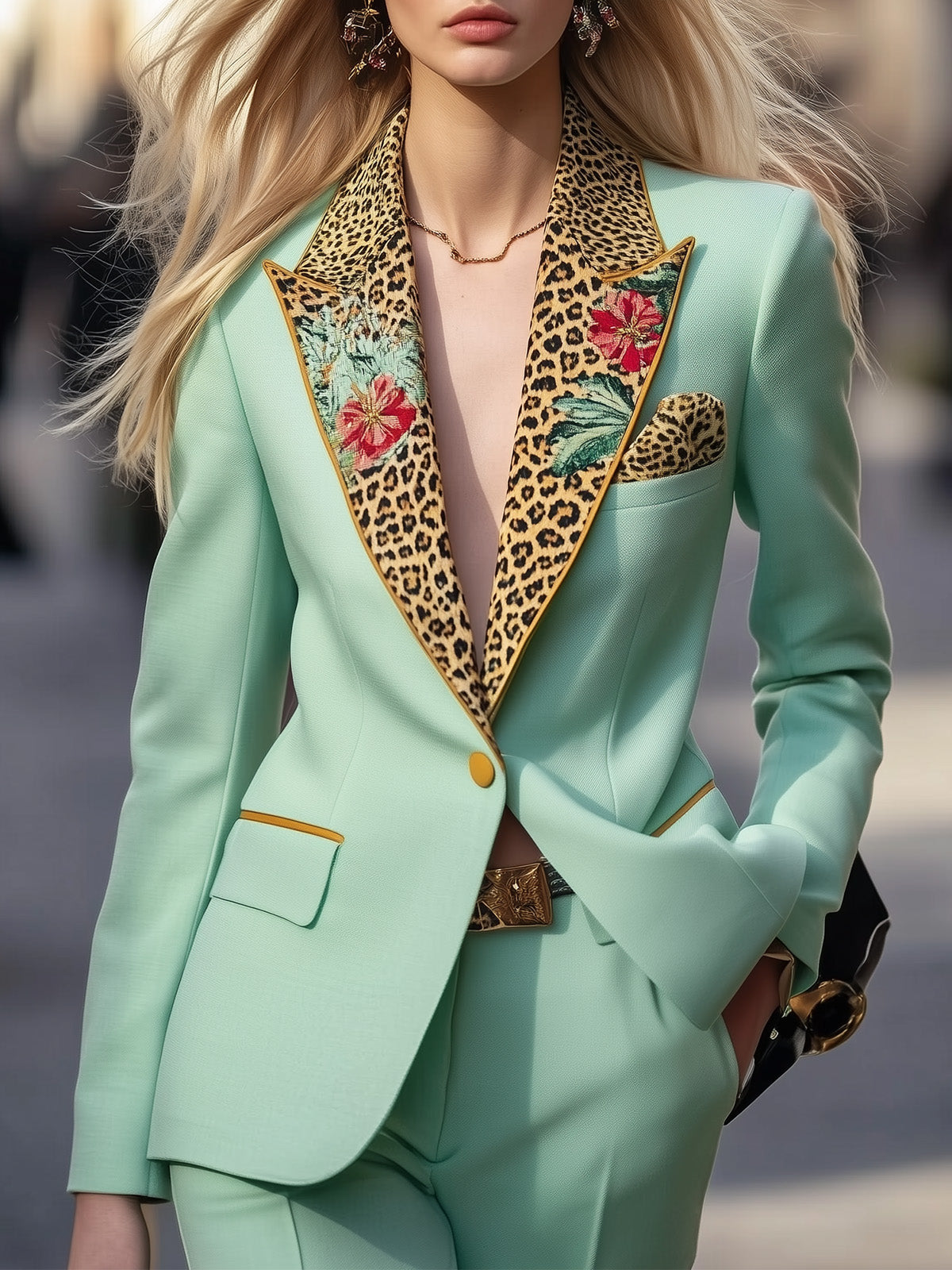 Elegant Mint Green Blazer Leopard Print Collar