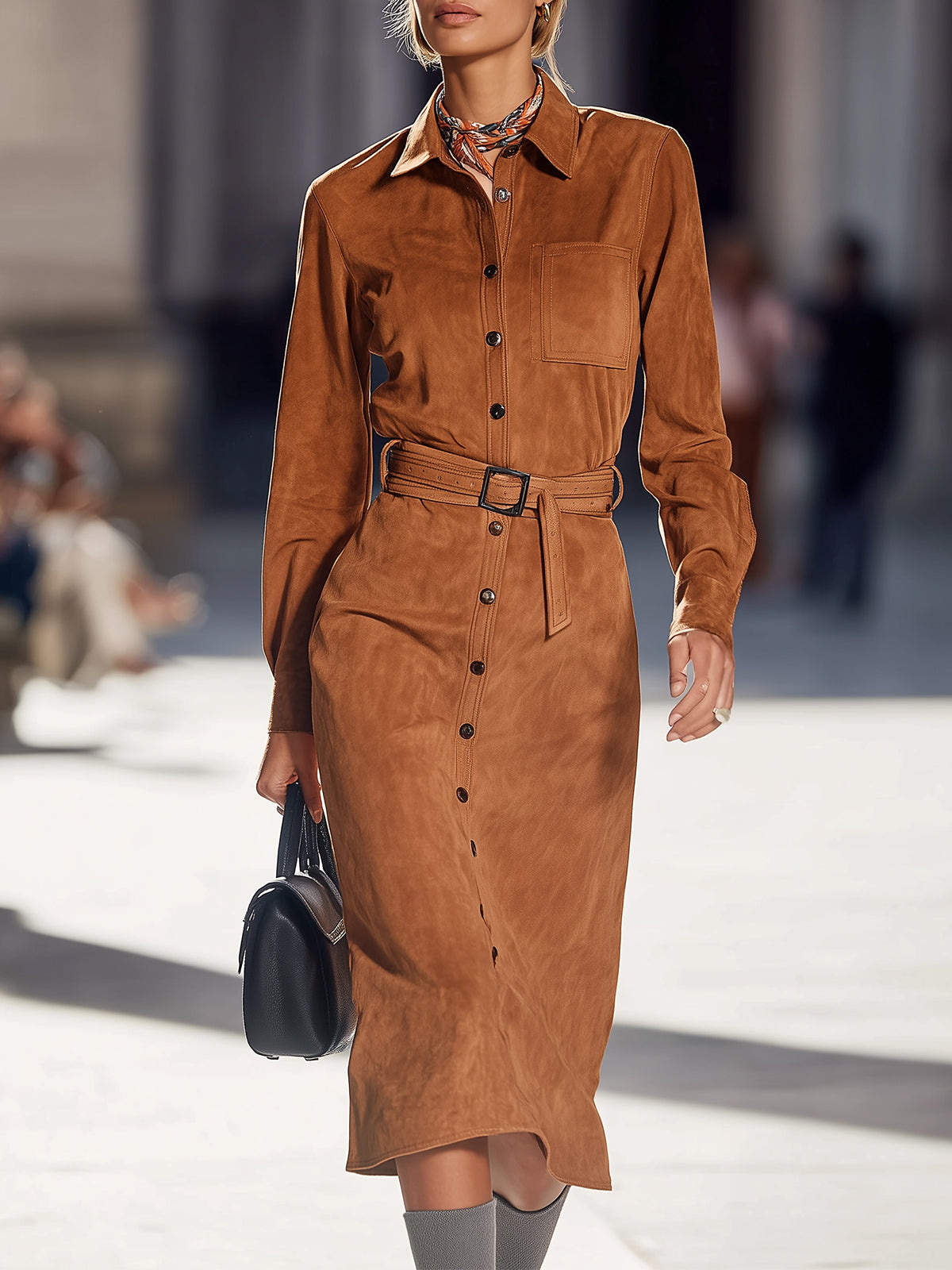Belted Brown Suede Midi Dress