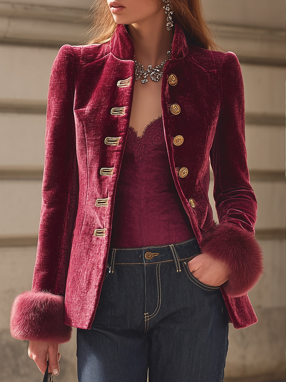 Magenta Velvet Blazer With Stand Collar And Fur Sleeve Cuffs