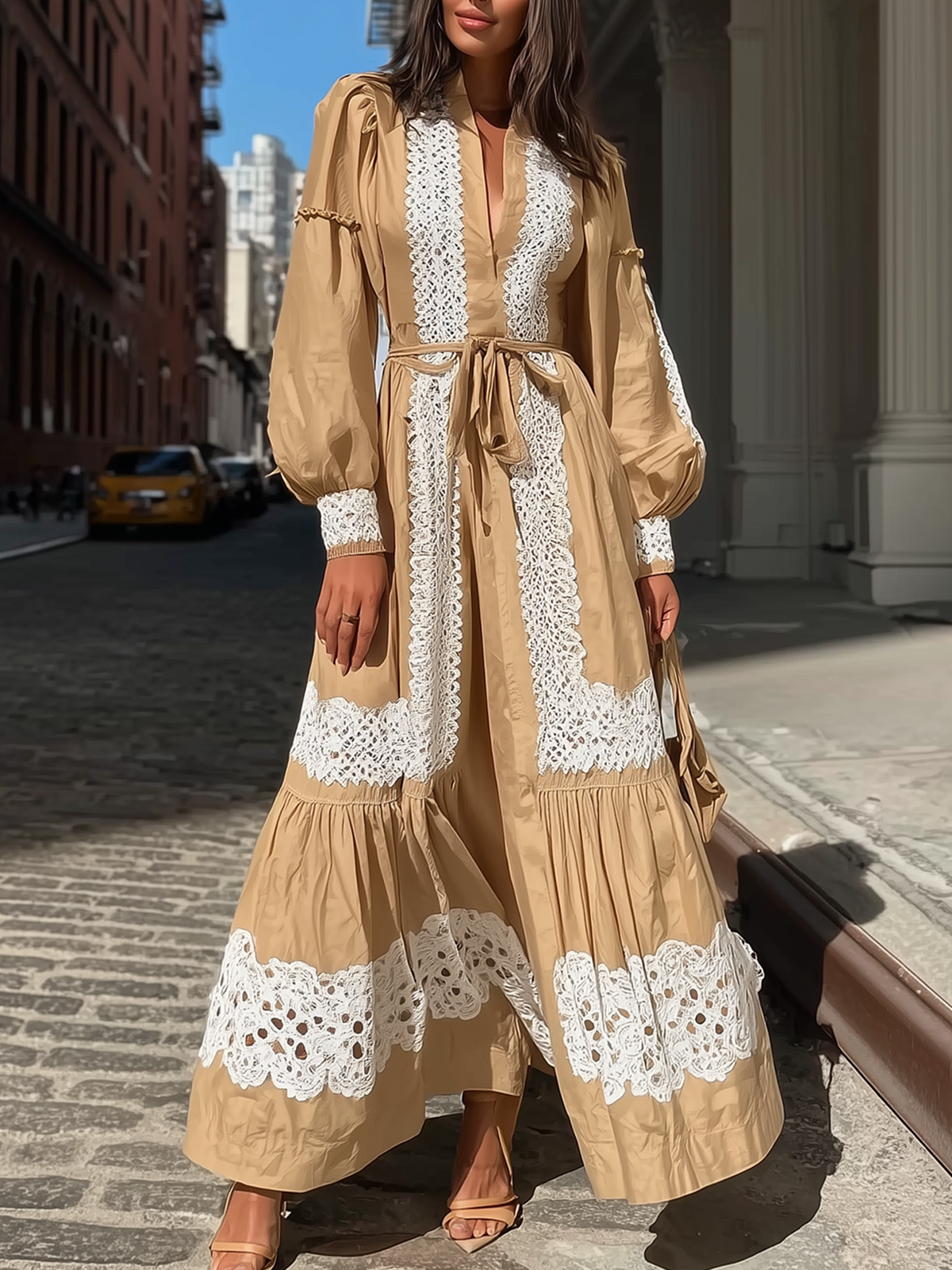 Tan Lace Trim Maxi Dress With Tie Belt