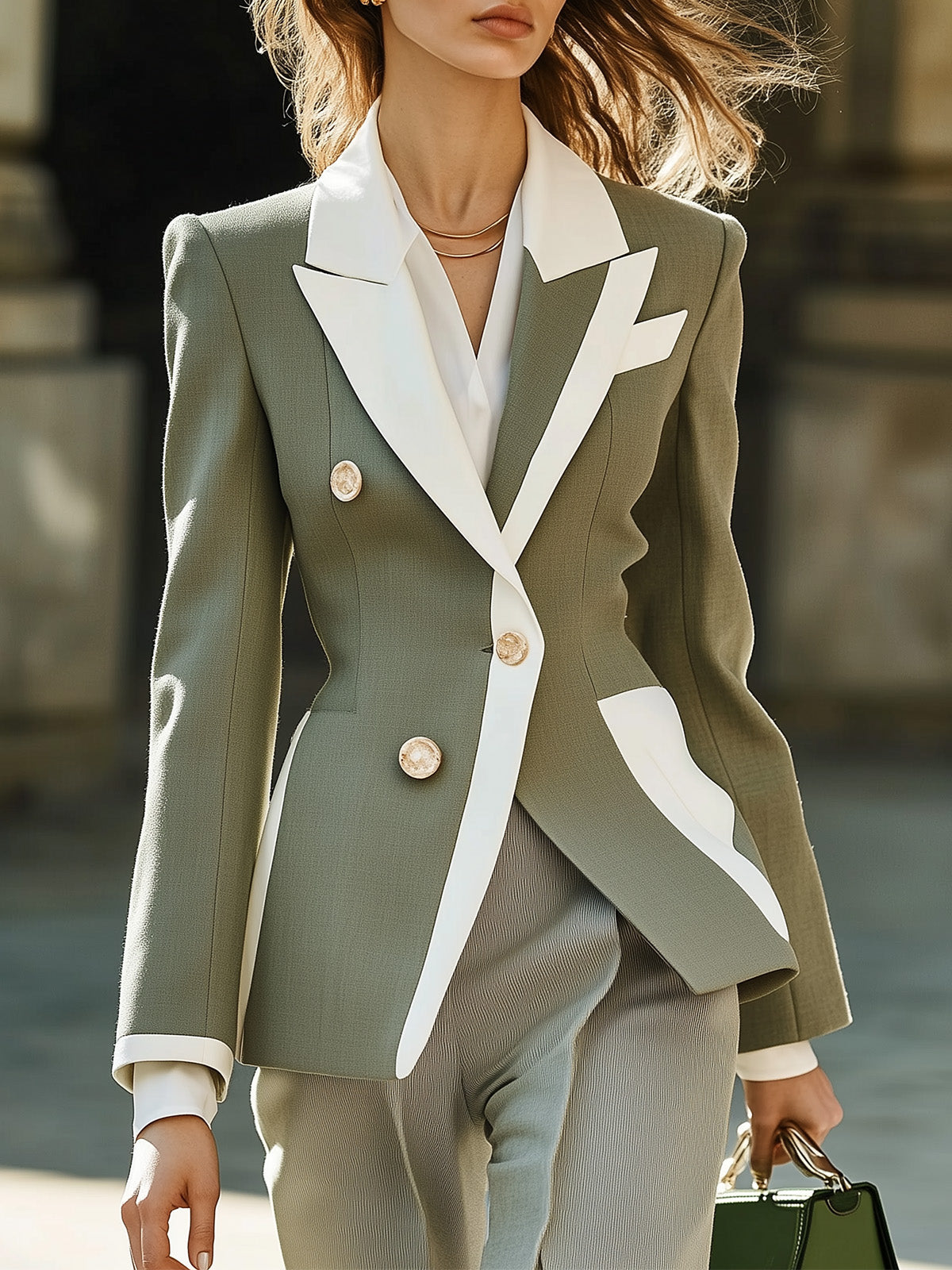 Chic Light Green And White Color Block Blazer