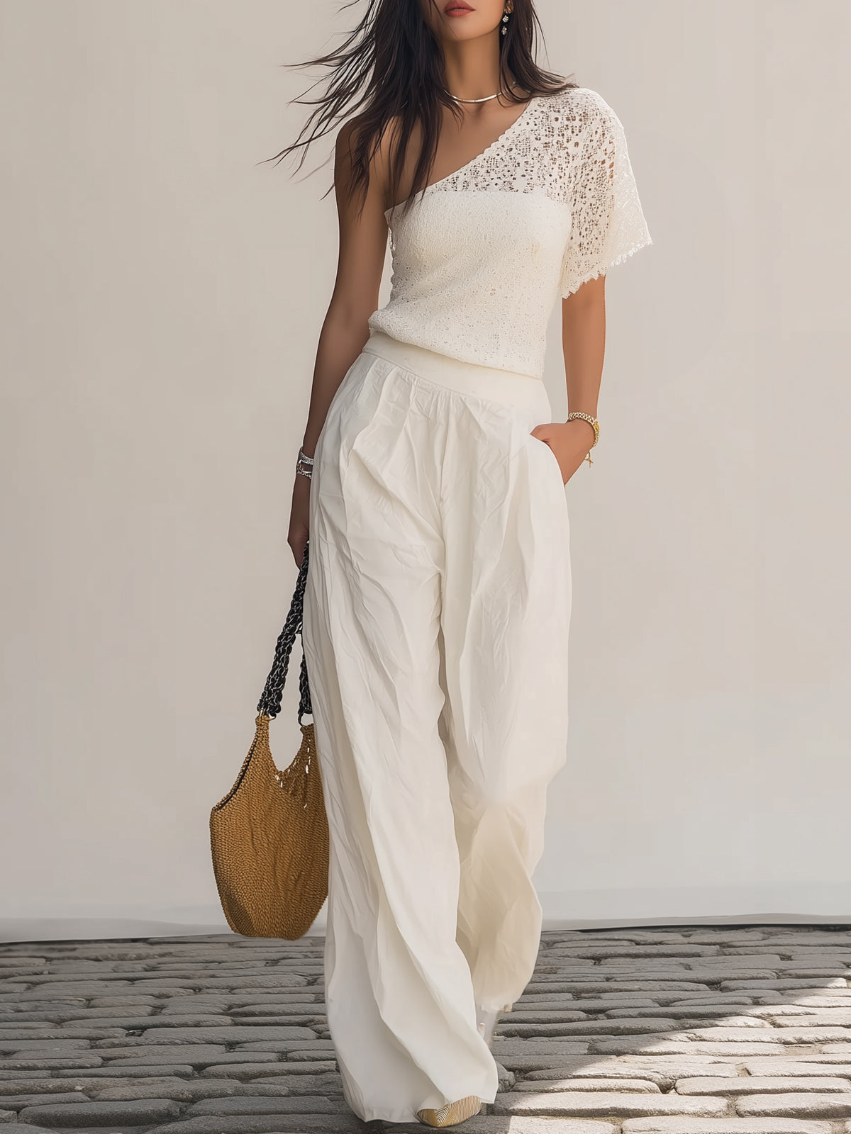 One-shoulder Lace Top And Wide-leg Pants Two-piece Set