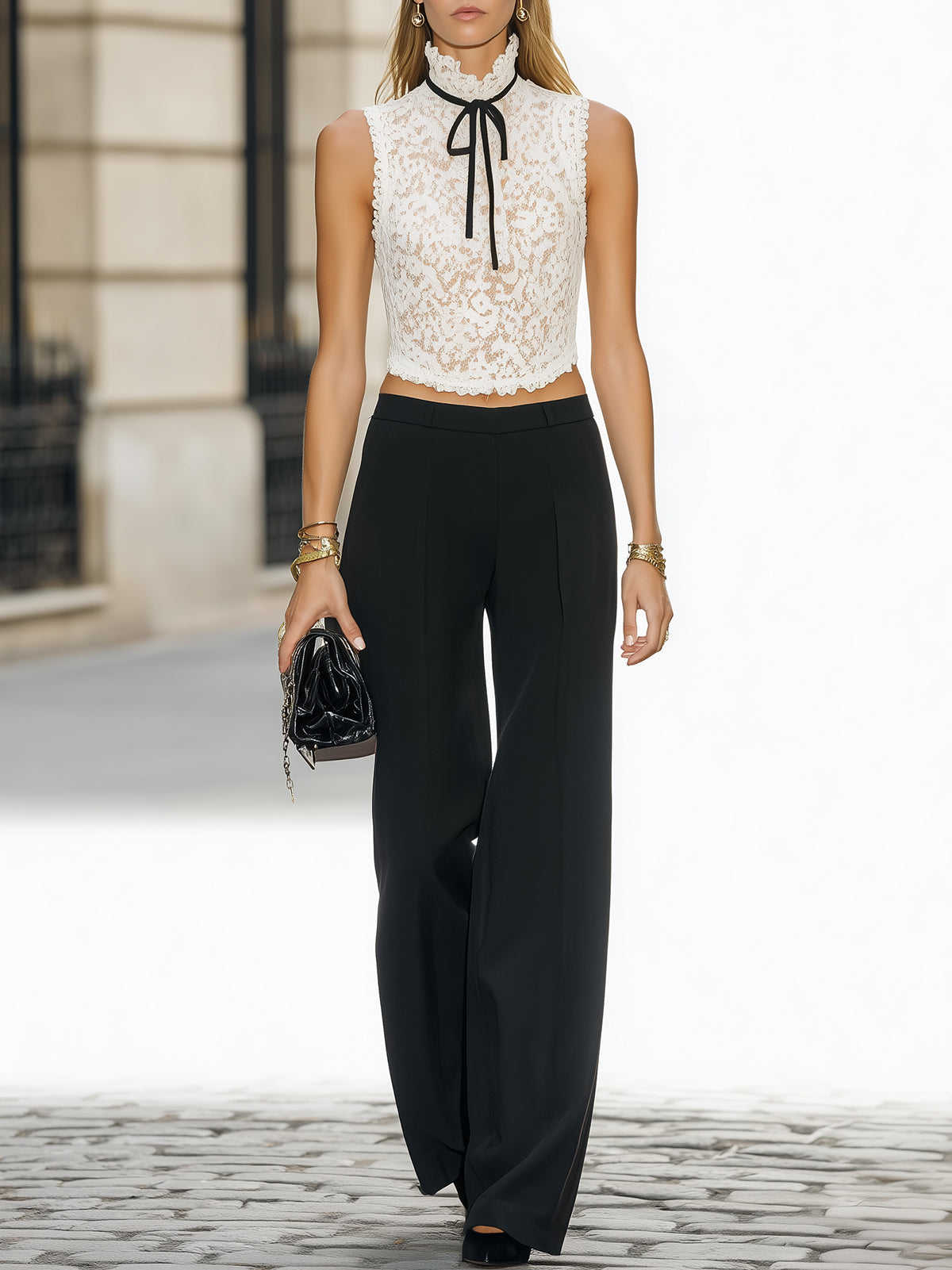 White Lace Top Black Wide Leg Pants Set