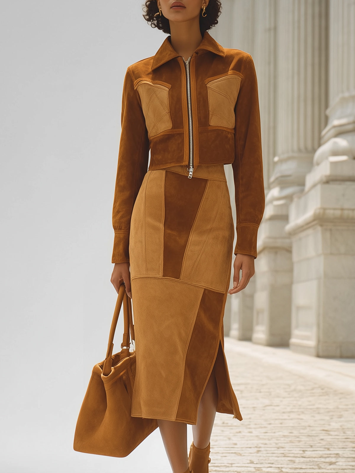 Suede Patchwork Short Jacket Slit Skirt Set