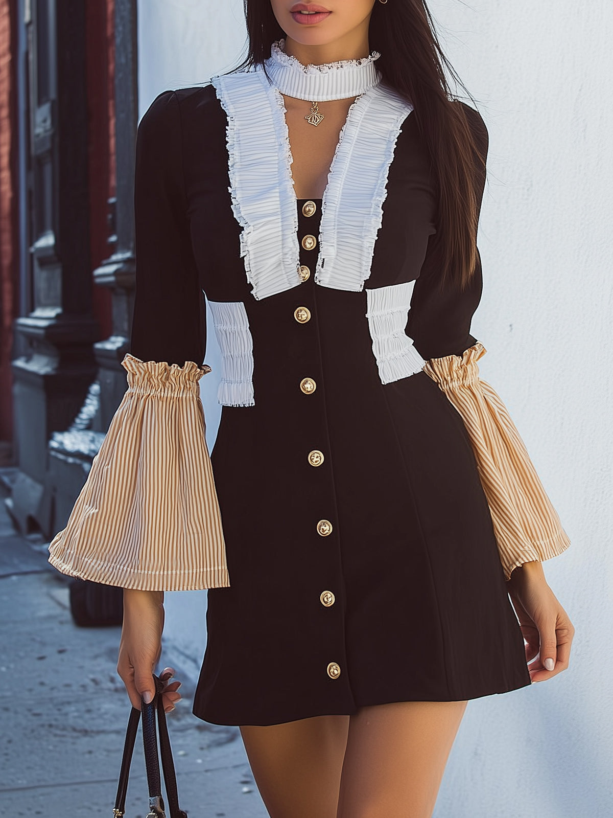 Color-blocked Ruffled Bell Sleeve Dress