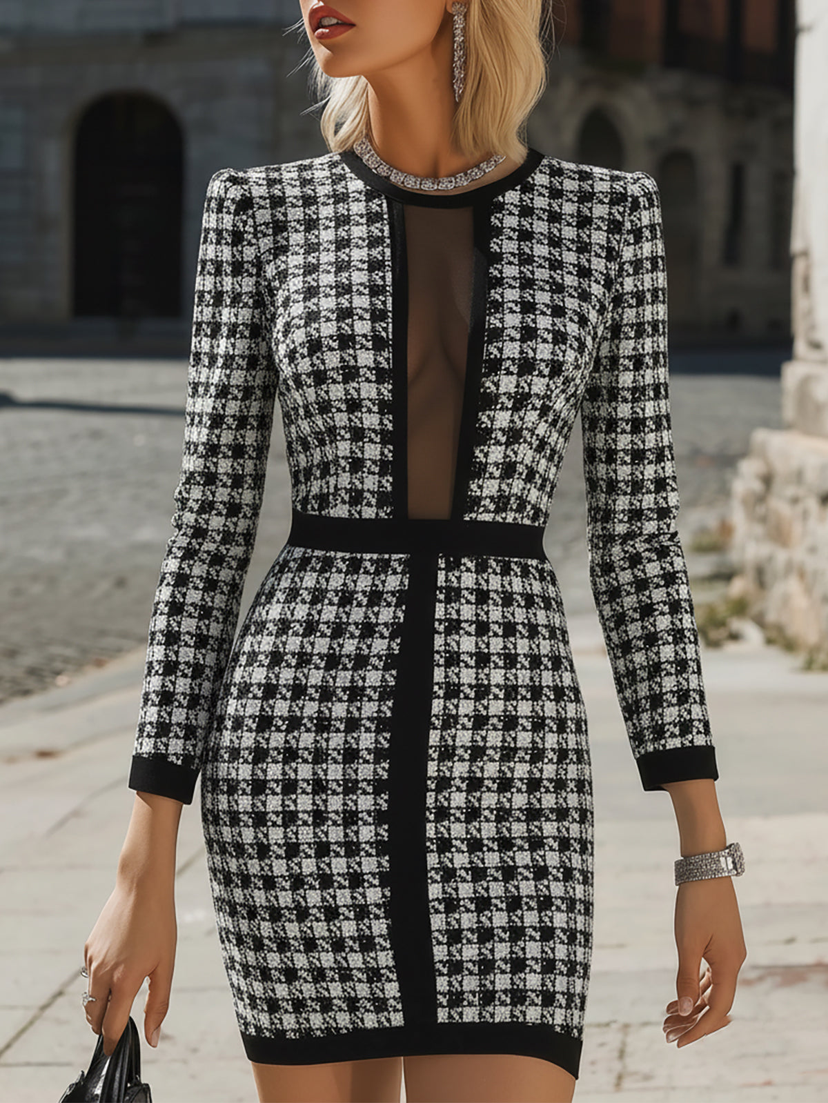 Classic Black And White Houndstooth Sheath Dress With Sheer Panel