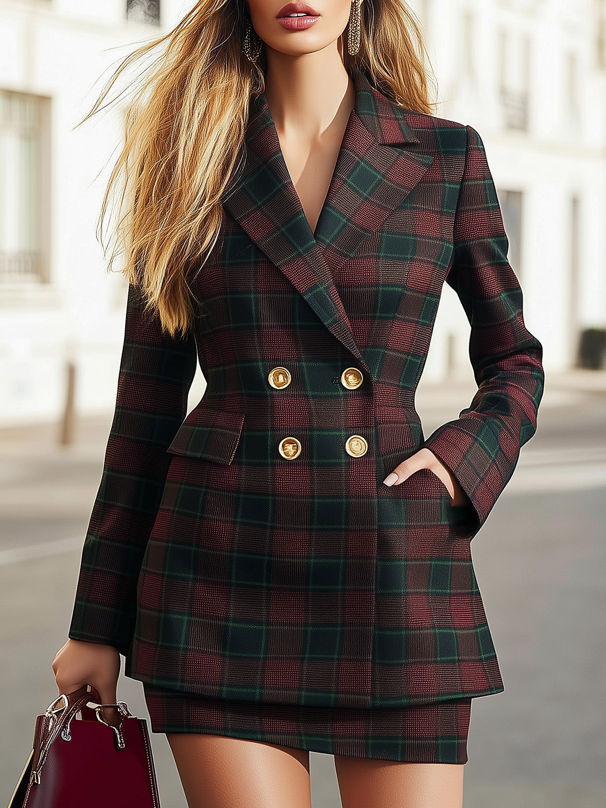 Classic Red Green Plaid Blazer Skirt Set