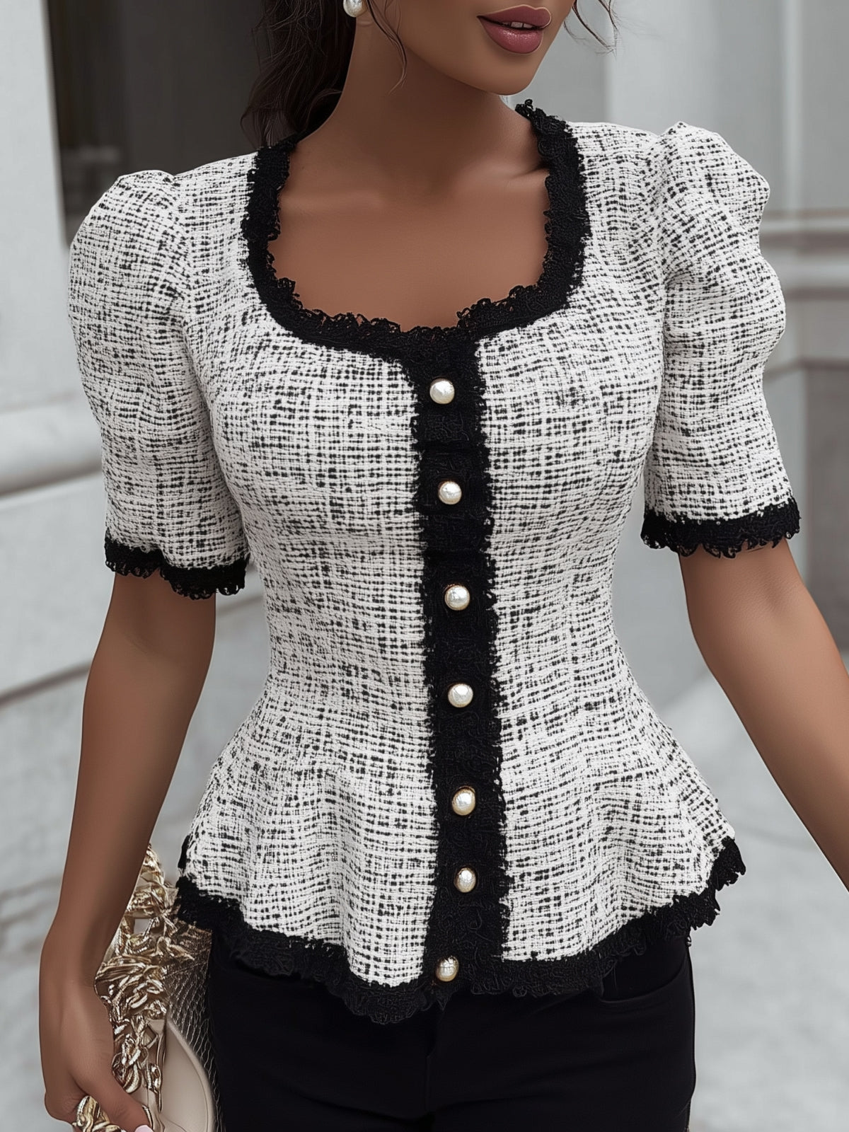 French Chanel-style Pearl Button Top