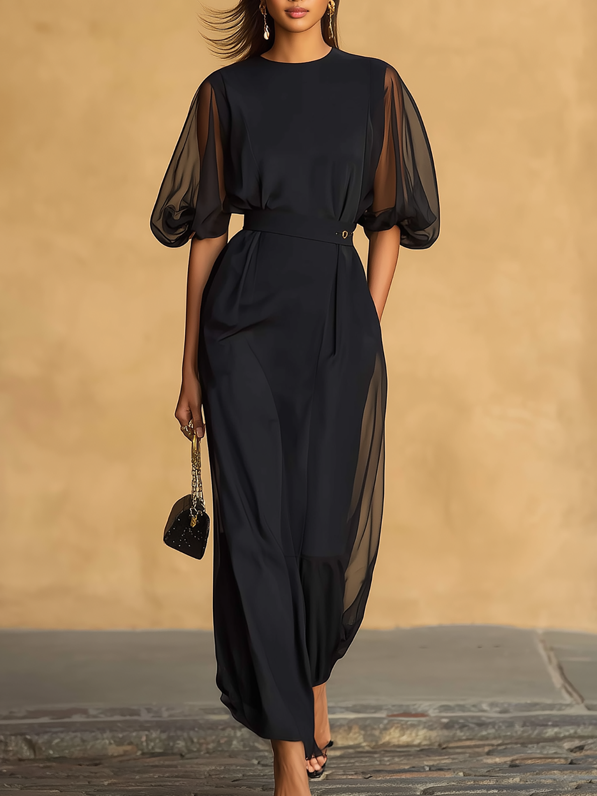 Elegant Two Piece Sheer Sleeve Top And Skirt Set